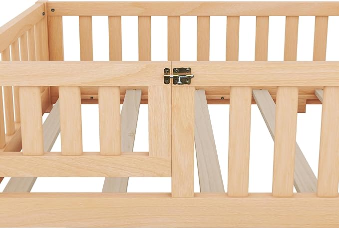 Multifunctional Twin Size Floor Bed with Safety Guardrails and Door, Removable Wood Slats, Montessori Beds Frame for Toddlers, for Boys and Girls, Natural - LeafyLoom