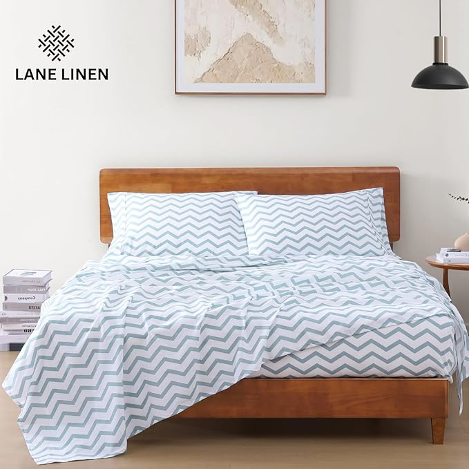 LANE LINEN 100% Organic Cotton Twin XL Sheets Set 3-Piece Pure Percale Bedsheets Bedding Breathable Fits Mattress Upto 15" Deep - Cool Blue Chevron - LeafyLoom