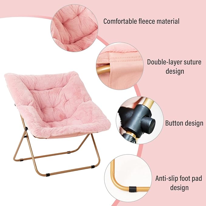 Tiita Comfy Saucer Chair, Soft Faux Fur Oversized Folding Accent Chair, Lounge Lazy Chair for Kids Teens Adults, Metal Frame Moon Chair for Bedroom, Living Room, Dorm Rooms, X-Large Pink - LeafyLoom