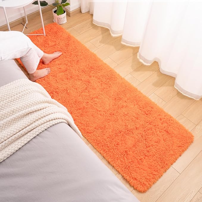 Softlife Area Rug for Bedroom, 2x6 Feet Runner Rug Plush Fluffy Rug for Living Room, Orange Shag Rug for Aesthetic Christmas Room Decor, Modern Fuzzy Faux Fur Carpet for Kids Nursery Room Dorm - LeafyLoom