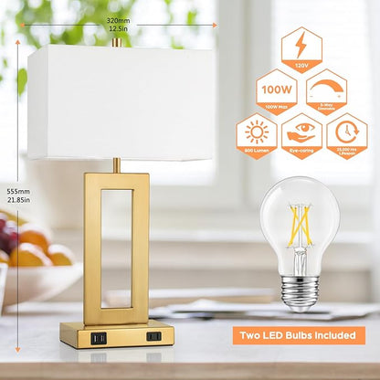 22’’ Table Lamps for Bedrooms Set of 2, Gold Bedside USB Desk Lamp with AC Outlet, Touch Control Modern Vintage Living Room Table Lamp for Nightstand End Table, 3-Way Dimming with 2 E26 Edison Bulbs - LeafyLoom