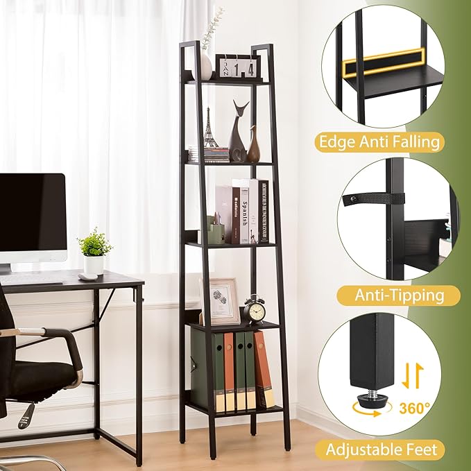 Yoobure Ladder Shelf, 5 Tier Tall Ladder Bookshelf Corner Shelf, Industrial Book Shelf Ladder Bookcase Narrow, Standing Storage Shelves Display Shelf for Bedroom Living Room Office Kitchen Bathroom - LeafyLoom