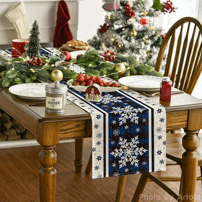 Artoid Mode Buffalo Plaid Snowflakes Blue Christmas Table Runner, Seasonal Winter Kitchen Dining Table Decoration for Home Party Decor 13x120 Inch ArtoidMode