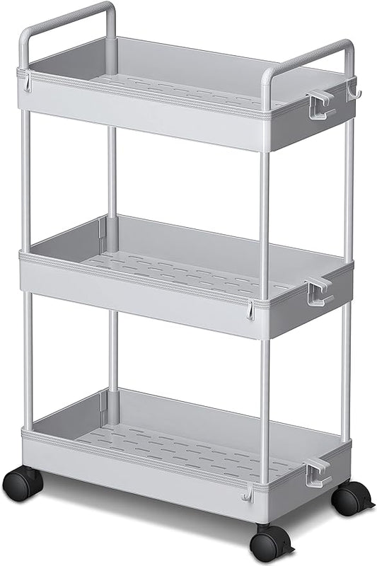 Ronlap 3 Tier Classic Storage Rolling Cart, Slim Storage Cart with Wheels Slide Out Storage Rolling Cart Organizer Plastic Utility Carts for Bathroom Laundry Room Kitchen Office Narrow Place, Grey - LeafyLoom