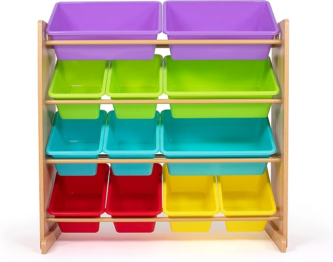 Humble Crew Kids Toy Storage Organizer with 12 Storage Bins, Rainbow/Natural Wood - LeafyLoom