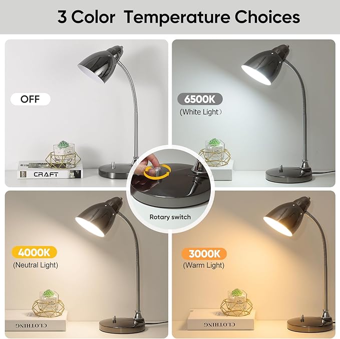 Desk Lamp for Home Office, 40W (Max) E26 LED Vintage Table Lamp with 12W Color Changing Bulb Flexible Desk Light with Rotary Switch for Study Room Bedroom Bedside Reading Working, Black Chrome - LeafyLoom