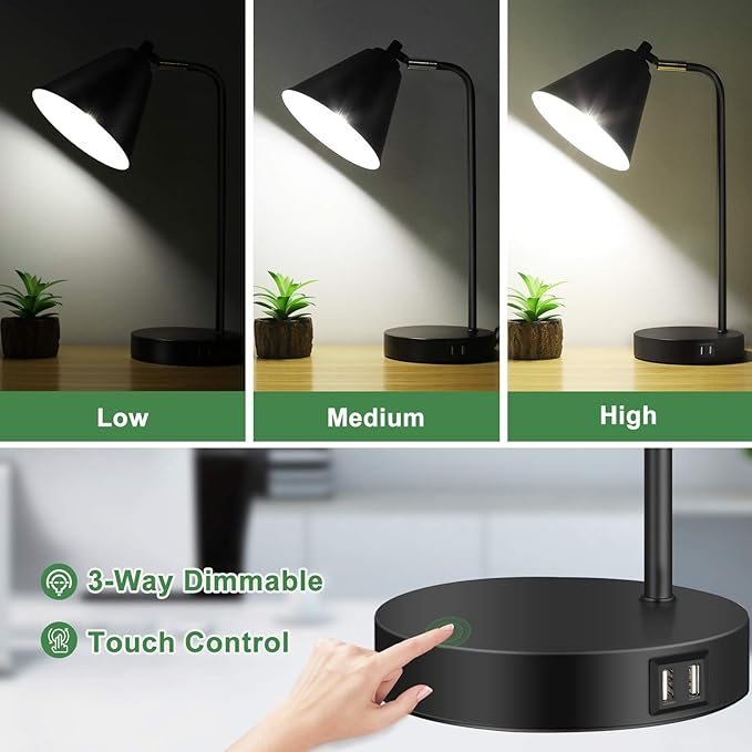 Industrial 3 Way Dimmable Touch Control Desk Lamp with 2 USB Ports & AC Outlet Bedside Nightstand Reading Lamp Flexible Head Farmhouse Black Table Lamp for Office Bedroom Living Room Bulb Included - LeafyLoom