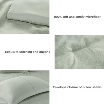 5 Pieces Twin Size Comforter Set with Sheets, Neutral Green Bed in a Bag, Modern Farmhouse Bedding Sets with Comforter, Flat & Fitted Sheet, Pillowcases & Shams - LeafyLoom