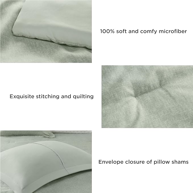 7 Pieces Queen Size Comforter Set with Sheets, Neutral Green Bed in a Bag, Modern Farmhouse Bedding Sets with Comforter, Flat & Fitted Sheet, Pillowcases & Shams - LeafyLoom