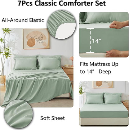 CozyLux Full Comforter Set with Sheets 7 Pieces Bed in a Bag Sage Green All Season Bedding Sets with Comforter, Pillow Shams, Flat Sheet, Fitted Sheet and Pillowcases - LeafyLoom