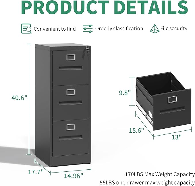 3 Drawer File Cabinet,Metal Filing Cabinets with Lock,Black Vertical File Cabinet for Home Office,Heavy Duty Metal Storage Cabinet for A4/Letter/Legal Size File,Assembly Required - LeafyLoom