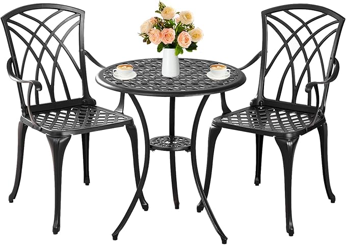 Outdoor 3 Piece Bistro Set Cast Aluminum Bistro Table and Chairs Set of 2, All Weather Bistro Patio Set, Patio Furniture for Garden Black - LeafyLoom