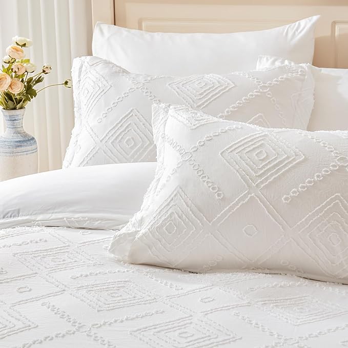 EMME King Comforter Set - 7 Pcs White Boho Comforter Set, Tufted King Size Bedding Sets with Sheets, Shabby Chic Embroidery Bed Set Fluffy Bed Bag for All Season(102"X90") - LeafyLoom