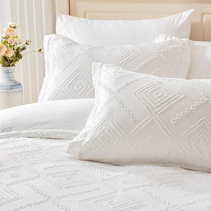 EMME King Comforter Set - 7 Pcs White Boho Comforter Set, Tufted King Size Bedding Sets with Sheets, Shabby Chic Embroidery Bed Set Fluffy Bed Bag for All Season(102"X90") - LeafyLoom