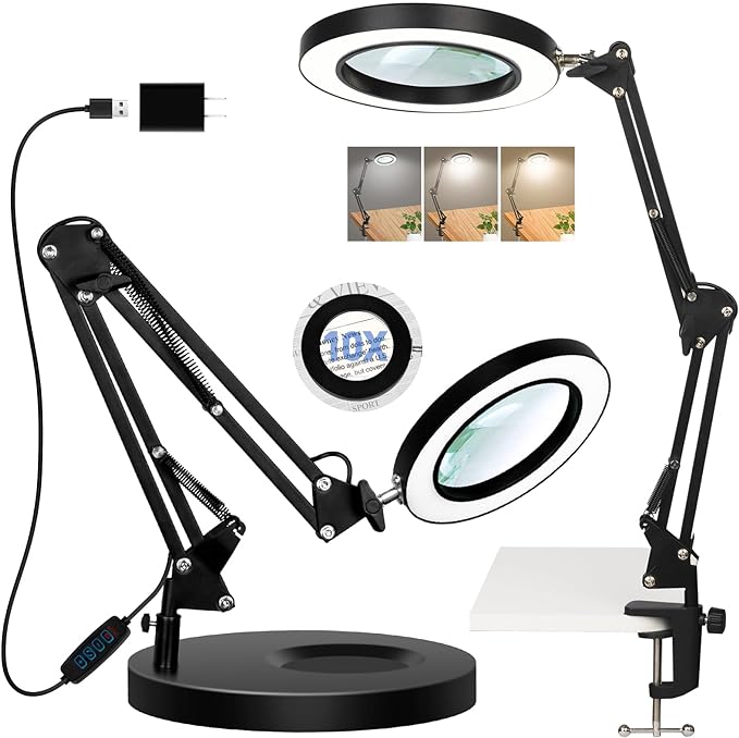 Magnifying Glass with Light and Stand, 10X Real Glass LED Magnifying Lamp, 3 Color Modes 10 Level Dimmable Lighted Magnifying Glass, 2-in-1 Magnifier Desk Lamp & Clamp for Reading Crafts Repair - LeafyLoom