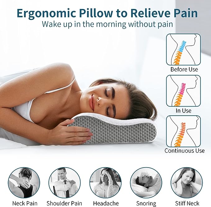 Neck Pillow Memory Foam for Pain Relief Bed Pillow for Sleeping, Ergonomic Orthopedic Cervical for Neck and Shoulder Pain, Side Back Stomach Sleeper - LeafyLoom