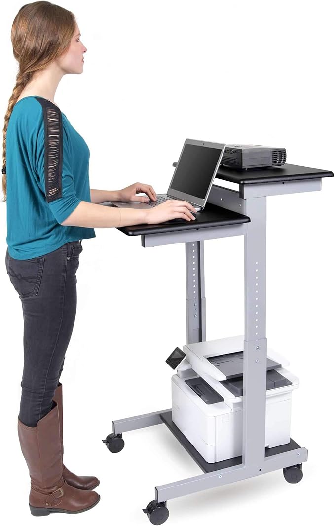 Stand Up Desk Store Rolling Adjustable Height Two Tier Standing Desk Computer Workstation (Silver Frame/Black Top, 24" Wide) - LeafyLoom