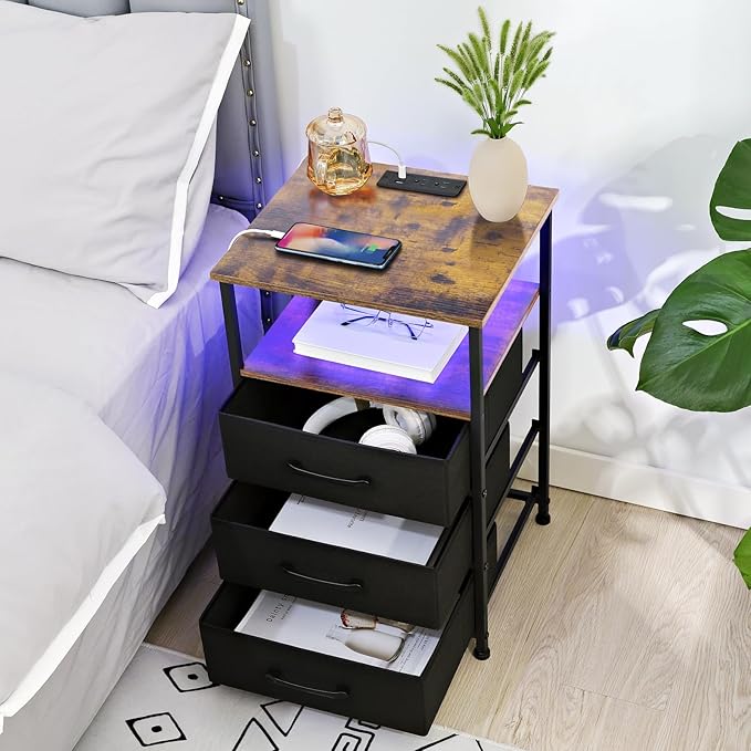 Nightstands Set of 2, Large End Tables Living Room, Bed Side Tables with Charging Station, 24.7" Tall Night Stand with 3 Fabric Drawers and LED Light Strip for Bedroom HNS013BR - LeafyLoom