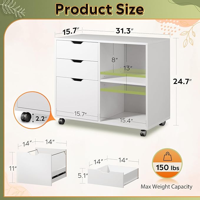 DEVAISE 3-Drawer Wood File Cabinet, Mobile Lateral Filing Cabinet, Printer Stand with Open Storage Shelves for Home Office, White - LeafyLoom