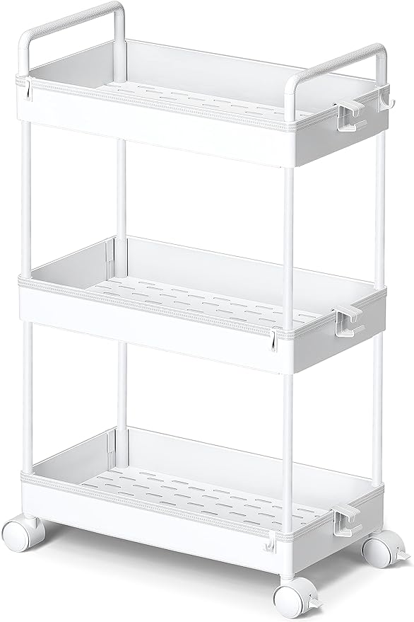 Ronlap 3 Tier Classic Storage Rolling Cart Slim Storage Cart with Wheels Slide Out Storage Rolling Cart Organizer Plastic for Bathroom Laundry, White - LeafyLoom