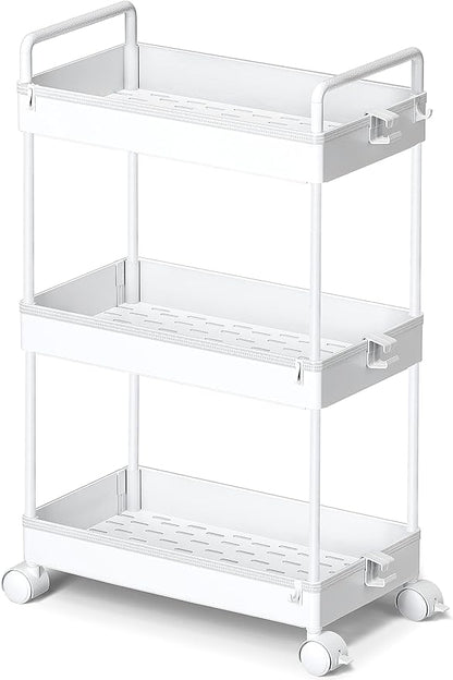 Ronlap 3 Tier Classic Storage Rolling Cart Slim Storage Cart with Wheels Slide Out Storage Rolling Cart Organizer Plastic for Bathroom Laundry, White - LeafyLoom