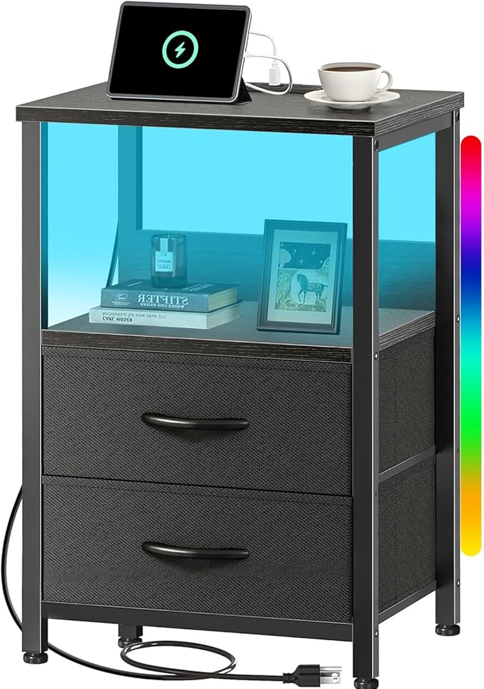 Nightstand with Charging Station, Bedside Table with Fabric Drawers, End Table with Open Shelf, Side Table with USB Ports & Outlets, Night Stand for Bedroom, Black - LeafyLoom