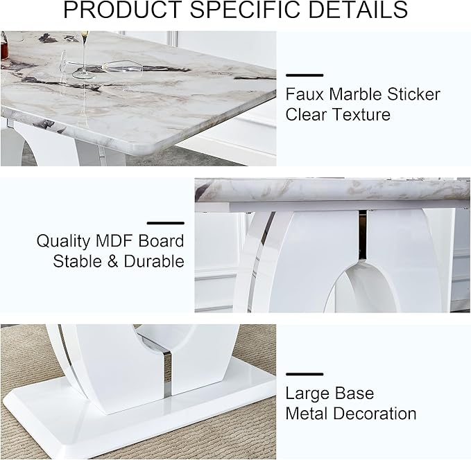 NicBex 63Inch Rectangular Dining Table,Minimalist Kitchen Table with Marble Patterned Tabletop for 6 to 8,Writing Table Desk,Large Dining Room Table for Kitchen,Meeting Room and Living Room,White - LeafyLoom