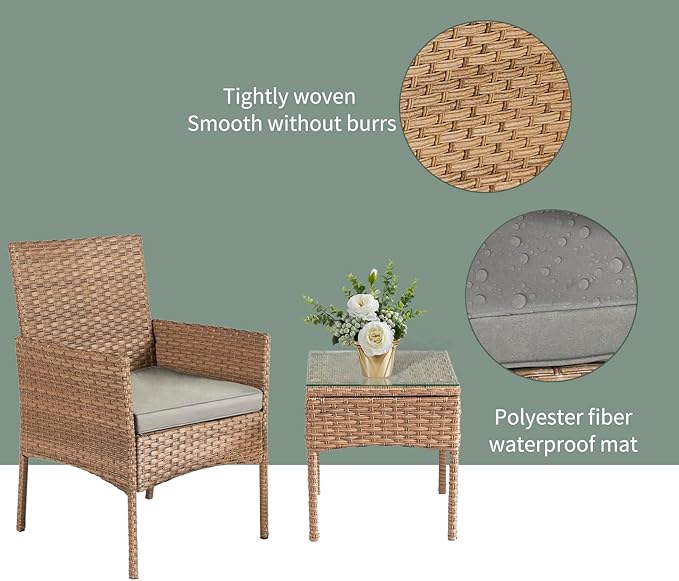 3 Pieces Patio Set Balcony Furniture Sets for Apartments.Bistro Furniture Set, Conversation Sets with Coffee Table, for Porch, Patio, Garden and Removable Cushions Grey - LeafyLoom