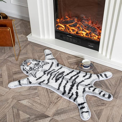 Tiger Shaped Bathroom Rug Animals Bath Mat Rug Non-Slip Bathroom Door Mat for Bedroom Bathroom Kitchen Cartoon Rug for Bathroom Tub Soft Bathmat Home Decor (65x98cm/25.6x38.6in) White - LeafyLoom