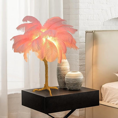 Ostrich Feather Desk Lamp Bedside Pink Cute Lamp Gold Resin Table Lamp, Coconut Tree Feather Lamp for Bedroom Living Room Hallway Wedding Girls Bedroom Night Light G4 Base - LeafyLoom