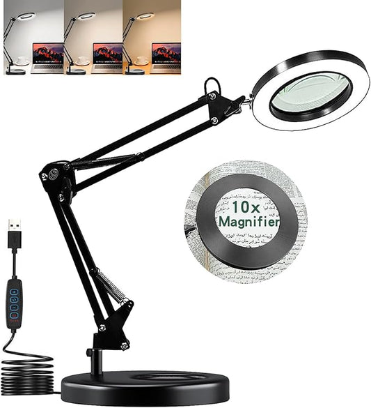 Magnifying Glass with Light and Stand, 10X Magnifying Lamp, 2-in-1 Magnifying Desk Lamp with Clamp, 3 Color Mode, Magnifying Glasses with Light for Close Work (Base(No Clamp)) - LeafyLoom