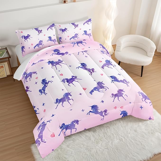 HOSIMA Kawaii Unicorn Comforter,Purple Unicorn with Stars and Love Heart Princess Toddler Bedding Set-Soft Microfiber King Size Comforter Set,Fairycore Room Decor Pink Comforter with 2 Pillowcases. - LeafyLoom