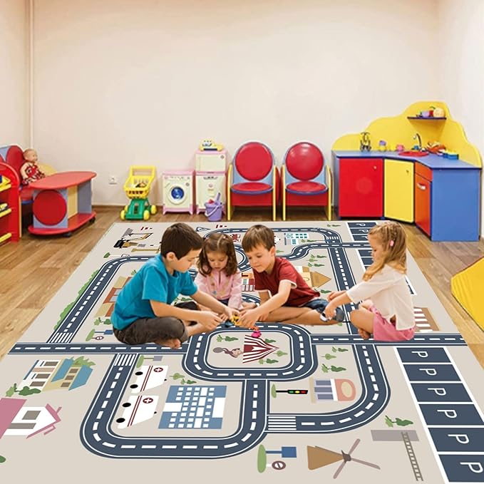 kid rug carpet playmat for toy cars and trains,road traffic kids play area rug,city Life town play Mat for Playroom Bedroom Boys,Children's Educational Fun Throw Rug with Rubber Backing 31X63IN - LeafyLoom