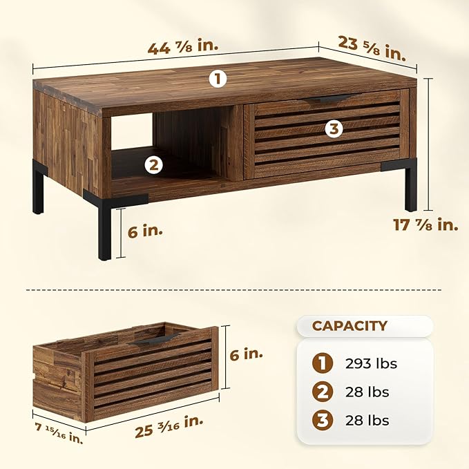 Bme, Millie Rustic TV Stand, Rustic Chestnut & Millie Solid Wood Coffee Tables, Industrial Modern Living Room Center Desk with 2 Storage Drawer - LeafyLoom