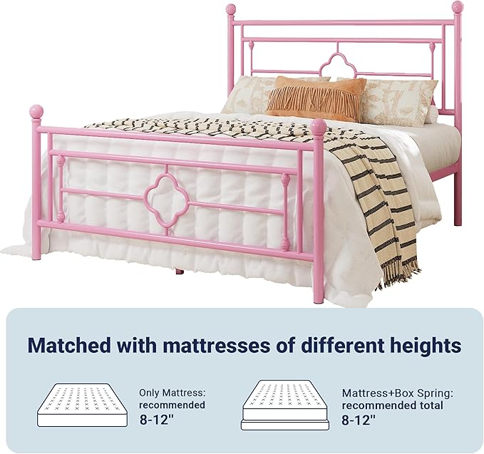 Allewie Queen Size Metal Platform Bed Frame with Victorian Vintage Headboard and Footboard/Mattress Foundation/Under Bed Storage/No Box Spring Needed/Noise-Free/Easy Assembly, Pink - LeafyLoom