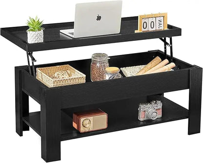 VECELO Lift Top Coffee Table with Storage Shelf and Hidden Compartment for Living Room/Office Reception, Dark Black - LeafyLoom