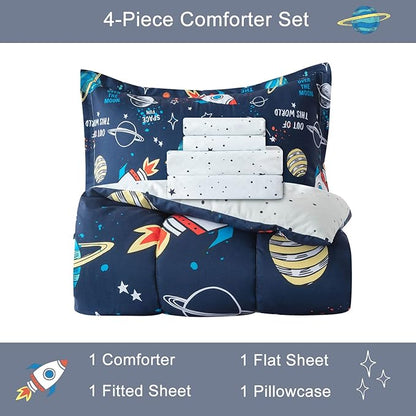 Planet Twin Comforter Set for Boys Girls 4-Piece Rocket Kids Bedding Sets Galaxy Space Stars Bedroom Decor - Include Reversible Comforter, Flat Sheet, Fitted Sheet and Pillowcase - LeafyLoom