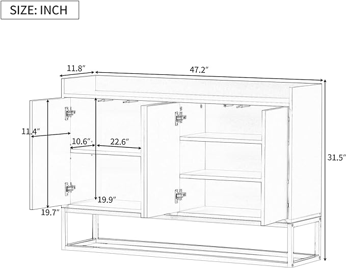 Sideboard Buffet Cabinet with Large Storage Space,Modern Particle Board Kitchen Console Table,W/ 4 Doors and Gold Metal Legs,Dining Room,Entryway,White, 47.2" - LeafyLoom