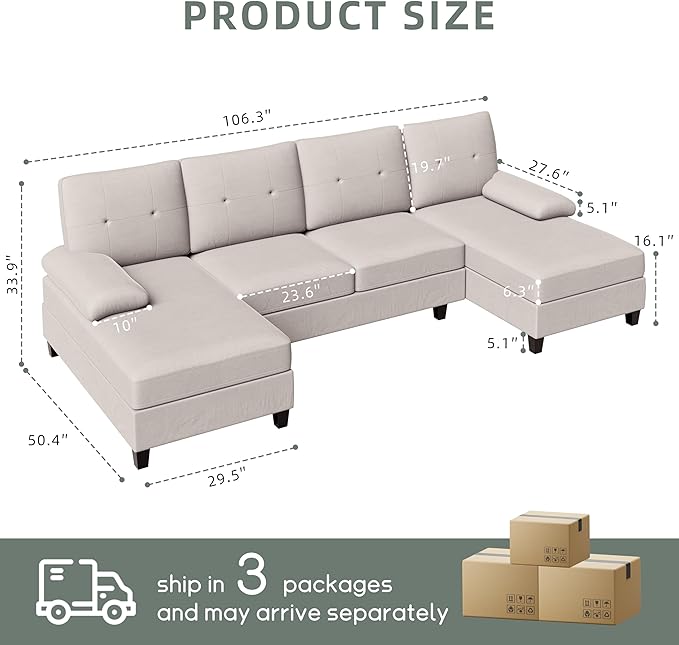 Shintenchi Sectional Couches for Living Room, U Shaped Sofa Couch with Double Chaise, 4-Seat Living Room Furniture Sets with Soft Cushion & Linen Fabric, Creamy White - LeafyLoom