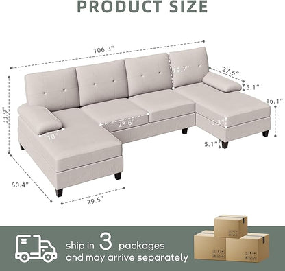 Shintenchi Sectional Couches for Living Room, U Shaped Sofa Couch with Double Chaise, 4-Seat Living Room Furniture Sets with Soft Cushion & Linen Fabric, Creamy White - LeafyLoom