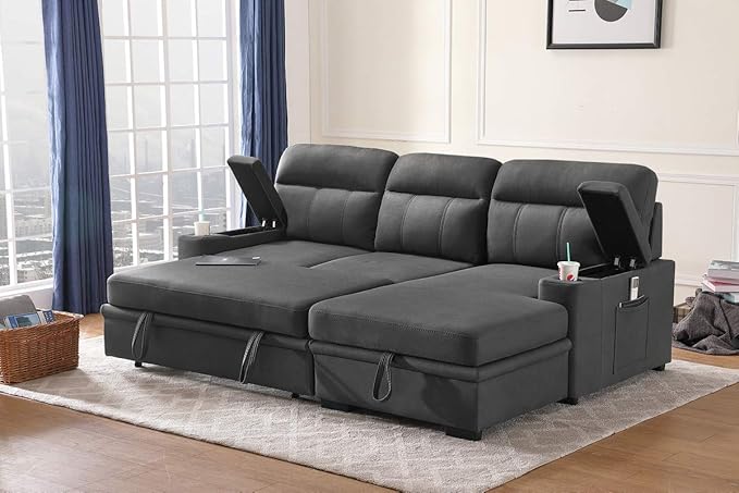 RITSU L-Shaped Reversible Sectional Sofa, Armrests with Storage Space and Cup Holders, Pull Out Couch Bed, Microfiber Upholstered Backrest, Suitable for Living Room/Apartment, Gray, 94inch - LeafyLoom