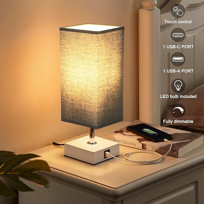 Ambimall Black Lamp with USB Ports - 3 Way Touch Lamps Beside Desk, Nightstand Lamp for Bedrooms Living Room, Black Shade with White Base, LED Bulb Included(Black) - LeafyLoom