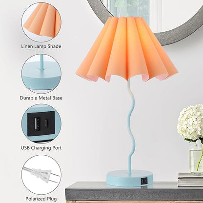 Modern Table Lamp for Bedroom Nightstand Touch Lamps Set of 2 Orange Blue Lamps for Living Room End Table Dimmable Table Lamp with USB Port and Outlet - LeafyLoom