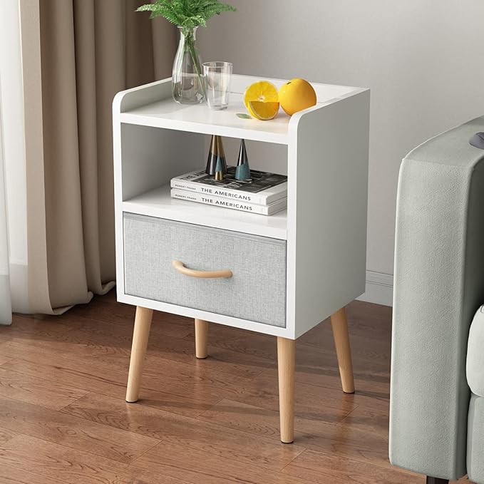 LUCKNOCK NightStand with Fabric Drawer, Bedside Table with Solid Wood Legs, Minimalist and Practical End Side Table with Open Storage Shelf for Bedroom, White. - LeafyLoom