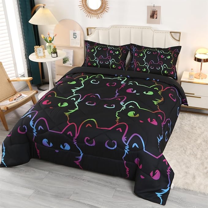 ENCOFT Kids Bedding Set Cat Comforter Set Full for Girls and Boys 3 Piece Cartoon Bed Set Black Comfortable and Breathable All Season for Teens and Adults Room Decor with 1 Comforter and 2 Pillowcases - LeafyLoom