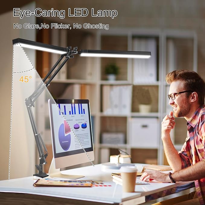 2-in-1 LED Desk Lamp, 24W Brightestwith Table Lamp with Clamp, Desk Light with Flexible Swing Arm,3 Color Modes Stepless Dimmable Double Head Architect Desk Lamps for Home Office Workbench Reading - LeafyLoom