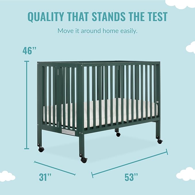 Quinn Full-Size Folding Crib in Olive, Removeable Wheels, Modern Nursey, Adjustable Mattress Support, Portable Crib, Patented Folding System - LeafyLoom