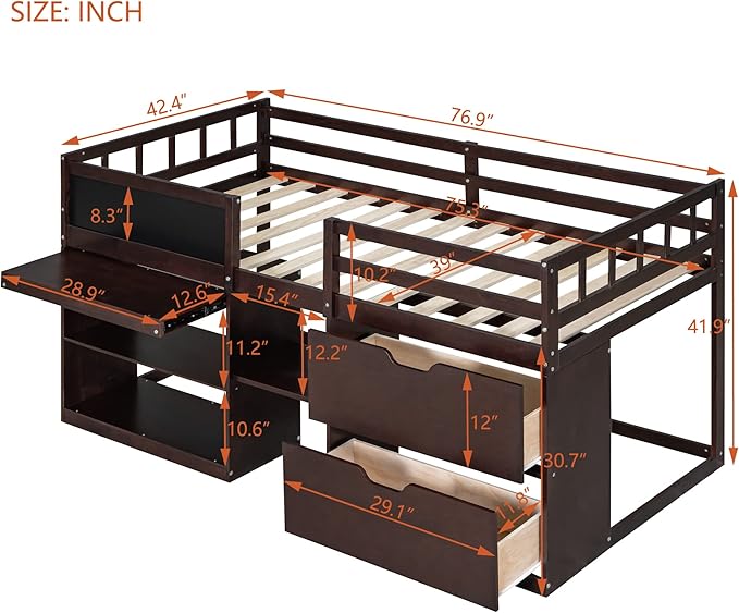 Loft Bed Frame, Twin Size Low Loft Bed with Small Rolling Desk, Chalkboard, 2 Shelves and 2 Storage Drawers for Kids Boys Girls Teens Bedroom, Space Saving Design, Espresso - LeafyLoom