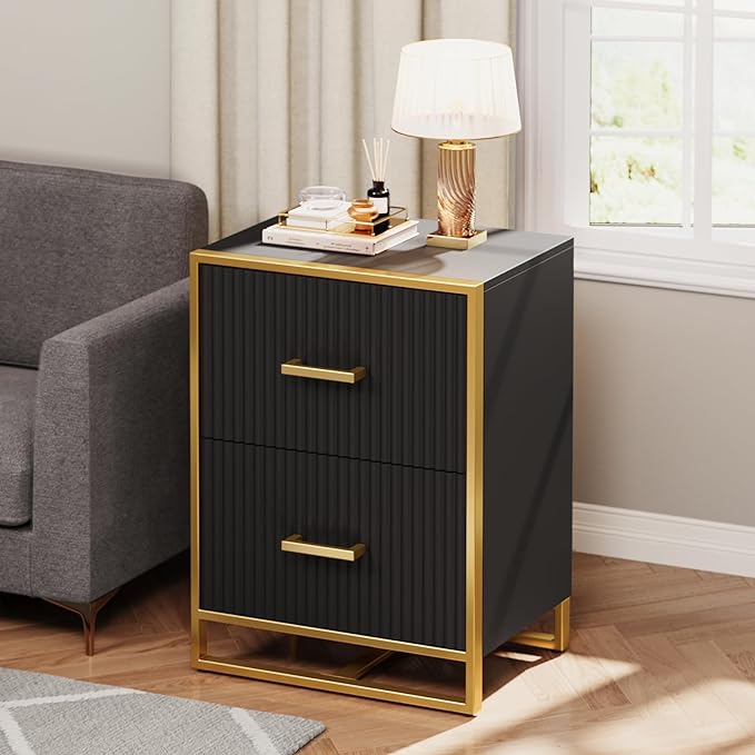 YITAHOME 2 Drawer File Cabinet, Lateral Filing Cabinet for Home Office, Black and Gold - LeafyLoom