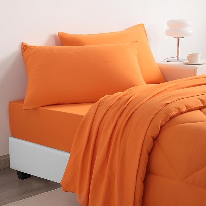 NTBAY Twin Comforter Set with Sheets, 5 Pieces Soft and Breathable Twin Bedding Set, Twin Bed in a Bag, Down Alternative Comforter Set Solid Color All Season, Kids Bedding Set, Orange - LeafyLoom